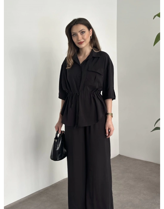 Belinden büzgülü gömlekli modal takım siyah