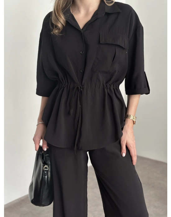 Belinden büzgülü gömlekli modal takım siyah