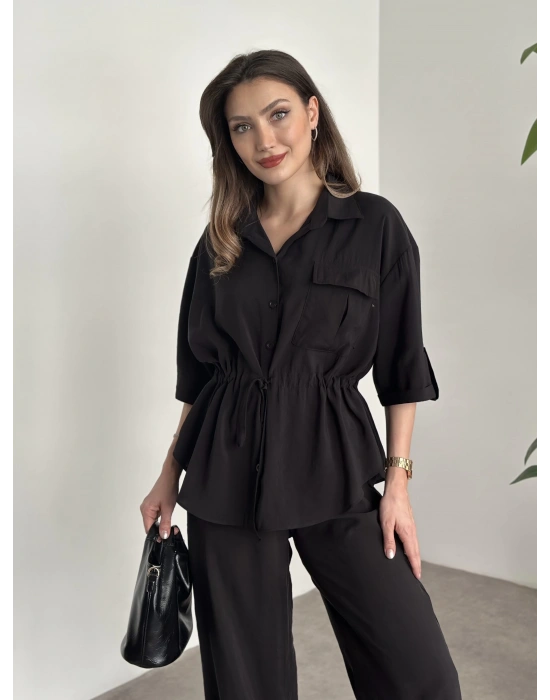 Belinden büzgülü gömlekli modal takım siyah