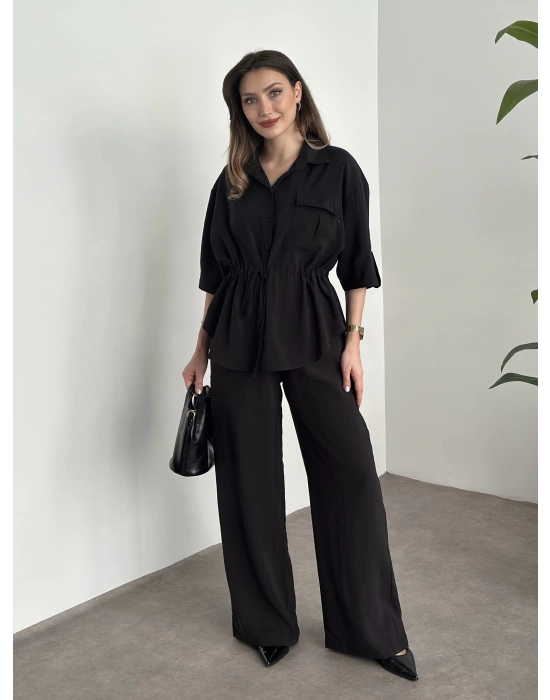 Belinden büzgülü gömlekli modal takım siyah