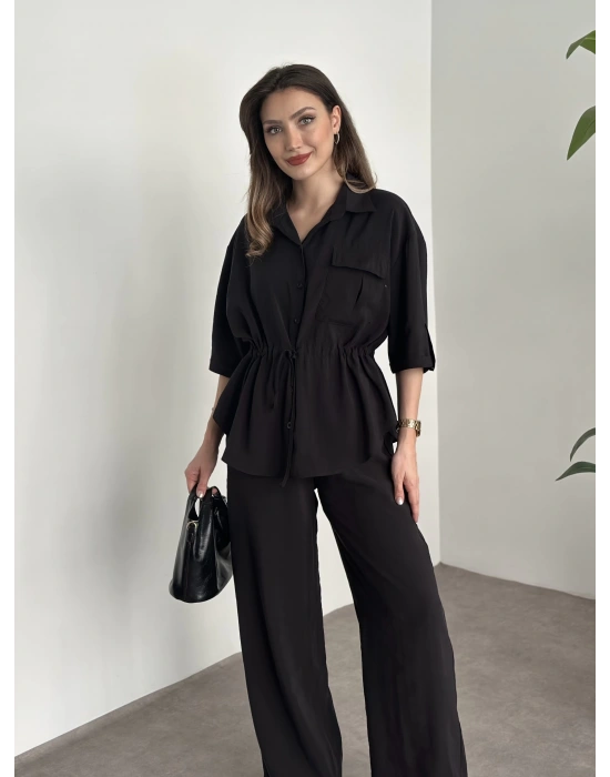 Belinden büzgülü gömlekli modal takım siyah