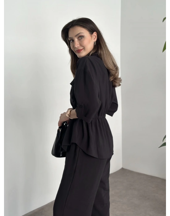 Belinden büzgülü gömlekli modal takım siyah