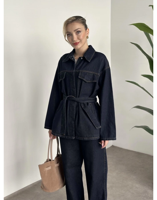 Belinden kuşaklı çıt çıt düğmeli kot takım