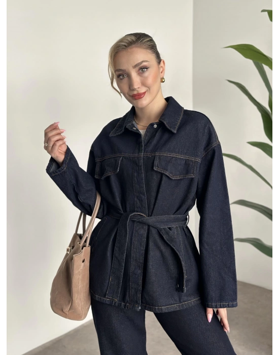 Belinden kuşaklı çıt çıt düğmeli kot takım