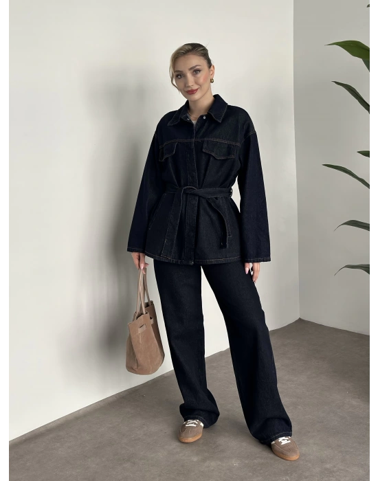 Belinden kuşaklı çıt çıt düğmeli kot takım