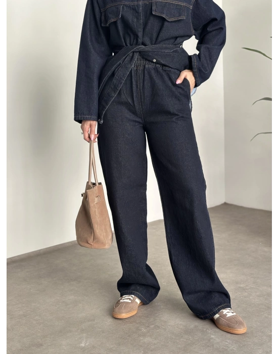 Belinden kuşaklı çıt çıt düğmeli kot takım