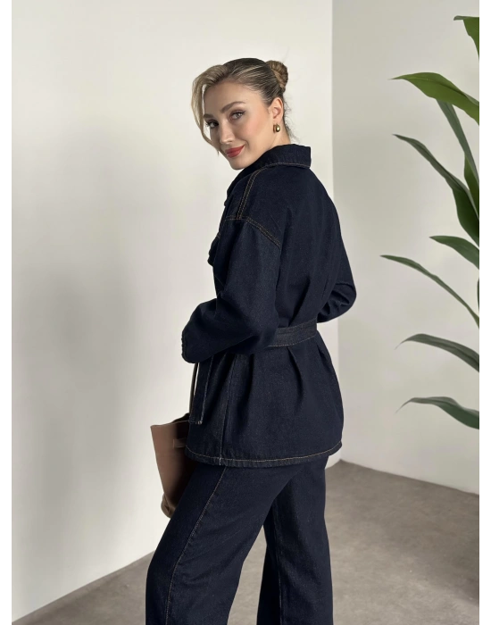 Belinden kuşaklı çıt çıt düğmeli kot takım