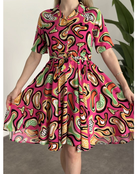 Belinden Kuşaklı Gömlek Yaka Bol Kesim Elbise Pembe Turuncu desenli