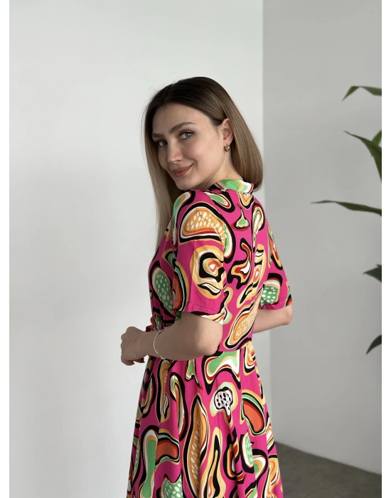 Belinden Kuşaklı Gömlek Yaka Bol Kesim Elbise Pembe Turuncu desenli