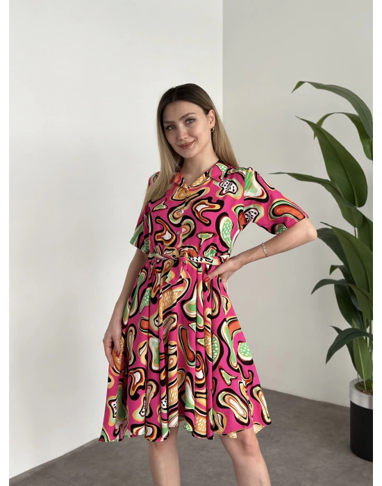 Belinden Kuşaklı Gömlek Yaka Bol Kesim Elbise Pembe Turuncu desenli