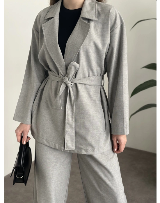 Belinden kuşaklı kimona takım gri