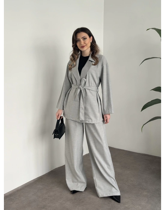 Belinden kuşaklı kimona takım gri
