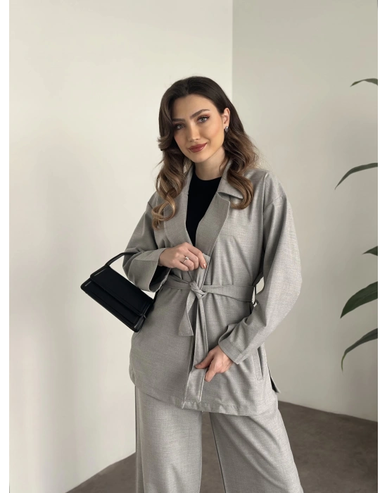 Belinden kuşaklı kimona takım gri