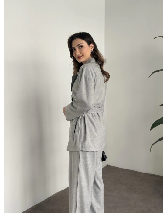 Belinden kuşaklı kimona takım gri