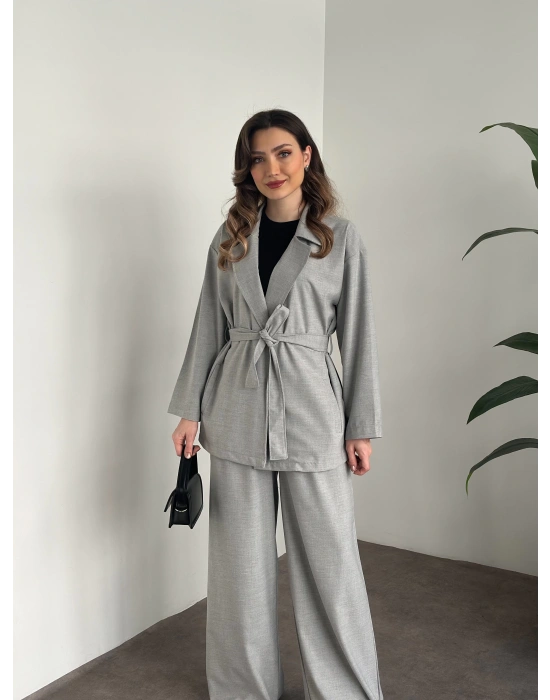 Belinden kuşaklı kimona takım gri