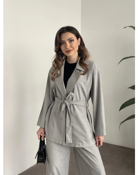 Belinden kuşaklı kimona takım gri
