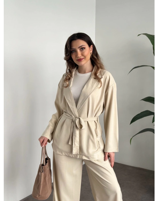 Belinden kuşaklı kimona takım krem