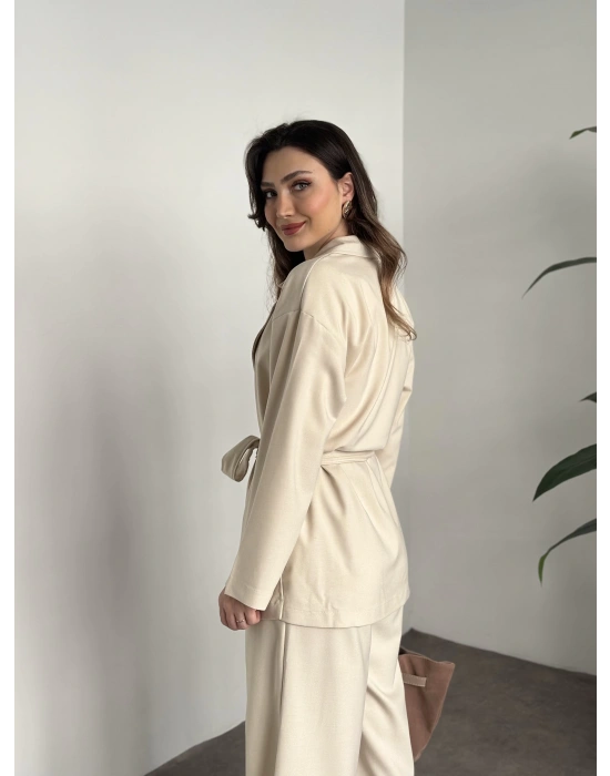 Belinden kuşaklı kimona takım krem
