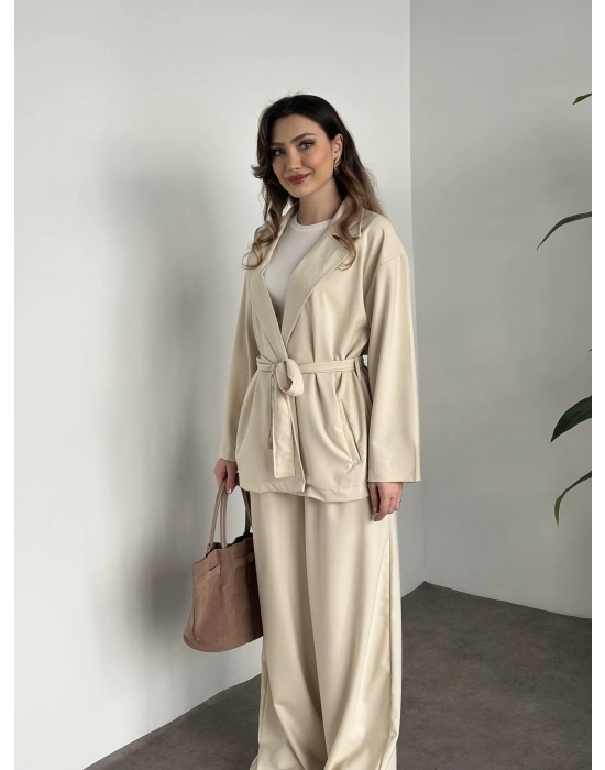 Belinden kuşaklı kimona takım krem