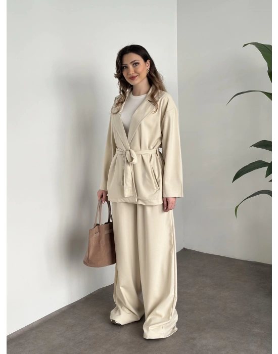 Belinden kuşaklı kimona takım krem
