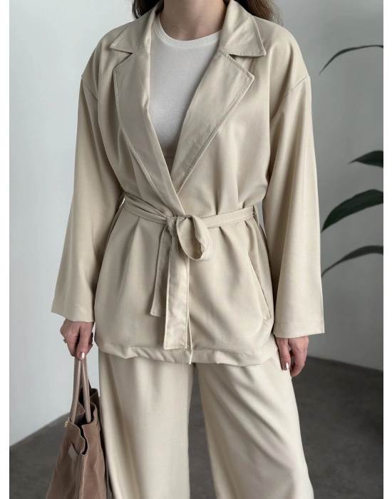 Belinden kuşaklı kimona takım krem