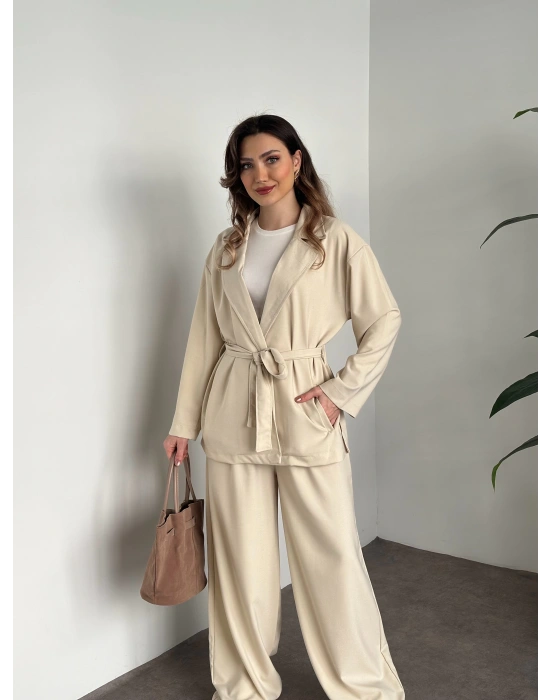 Belinden kuşaklı kimona takım krem