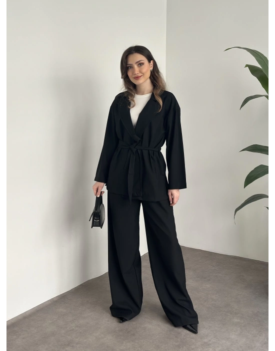 Belinden kuşaklı kimona takım siyah