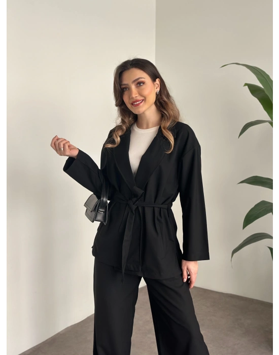 Belinden kuşaklı kimona takım siyah