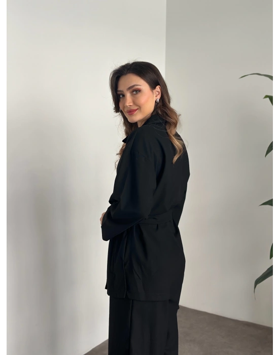 Belinden kuşaklı kimona takım siyah