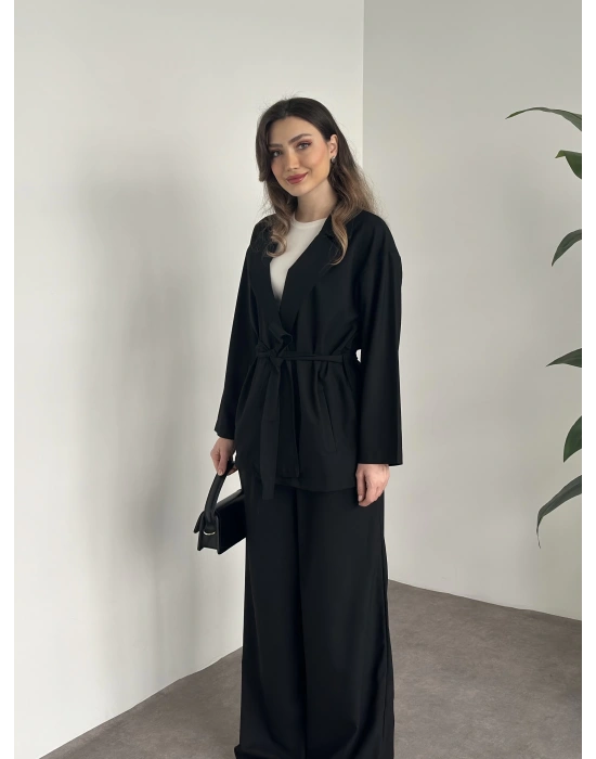 Belinden kuşaklı kimona takım siyah