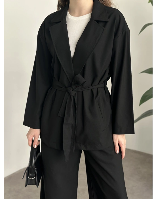 Belinden kuşaklı kimona takım siyah