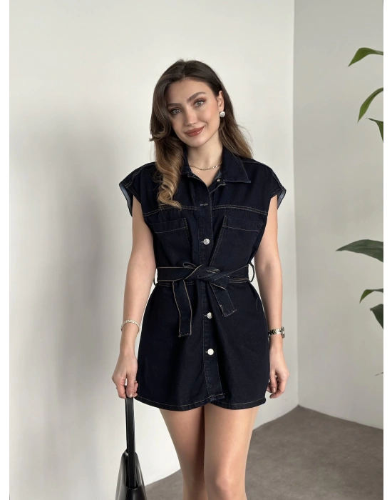 Belinden kuşaklı mini denim elbise