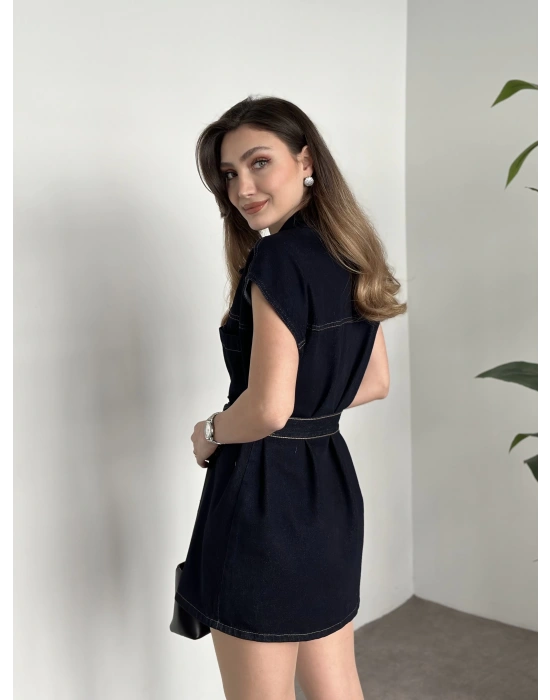 Belinden kuşaklı mini denim elbise