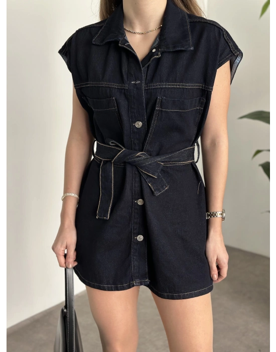 Belinden kuşaklı mini denim elbise