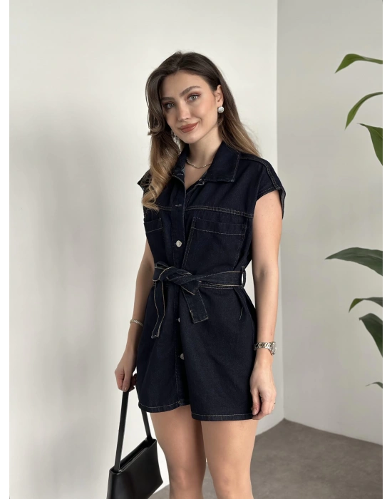 Belinden kuşaklı mini denim elbise