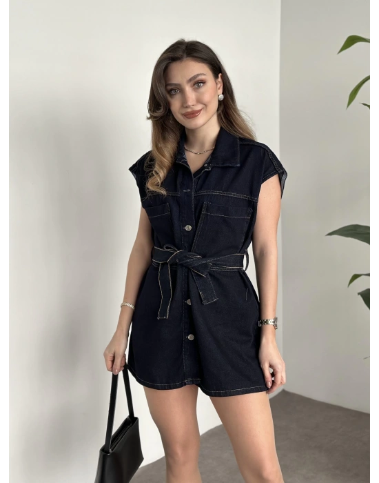 Belinden kuşaklı mini denim elbise