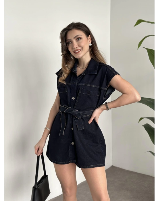 Belinden kuşaklı mini denim elbise