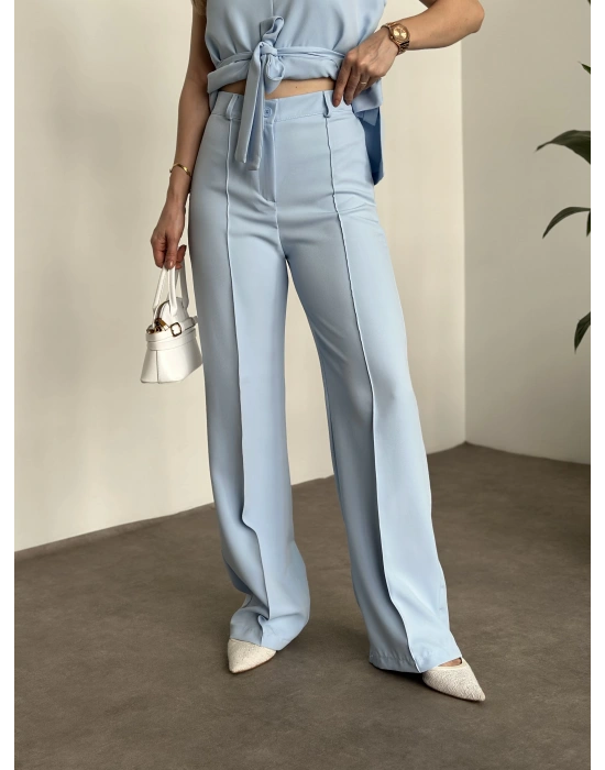 Belinden kuşaklı v yaka dabıl takım bebek mavisi