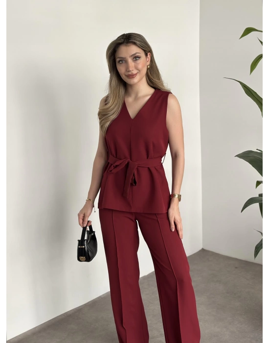 Belinden kuşaklı v yaka dabıl takım bordo