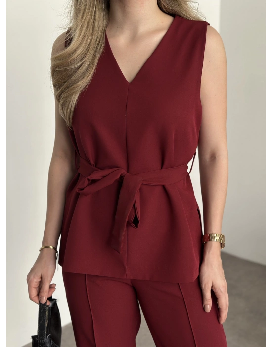 Belinden kuşaklı v yaka dabıl takım bordo