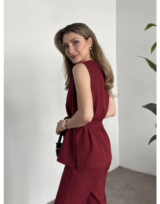 Belinden kuşaklı v yaka dabıl takım bordo