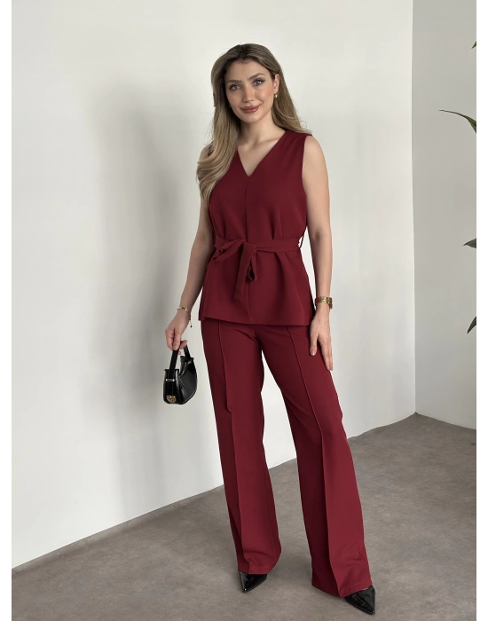 Belinden kuşaklı v yaka dabıl takım bordo
