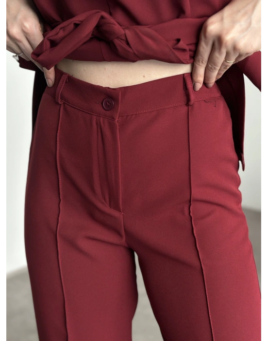 Belinden kuşaklı v yaka dabıl takım bordo