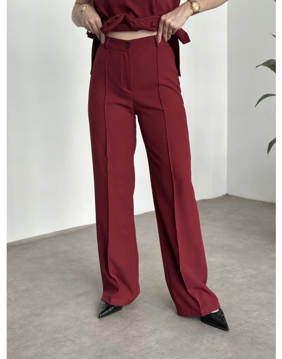 Belinden kuşaklı v yaka dabıl takım bordo