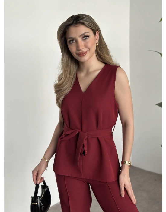 Belinden kuşaklı v yaka dabıl takım bordo