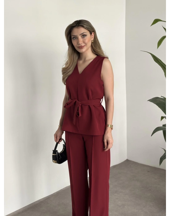 Belinden kuşaklı v yaka dabıl takım bordo