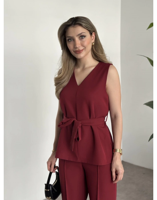 Belinden kuşaklı v yaka dabıl takım bordo