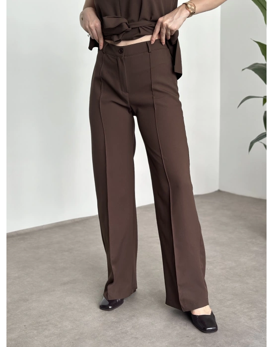 Belinden kuşaklı v yaka dabıl takım kahve