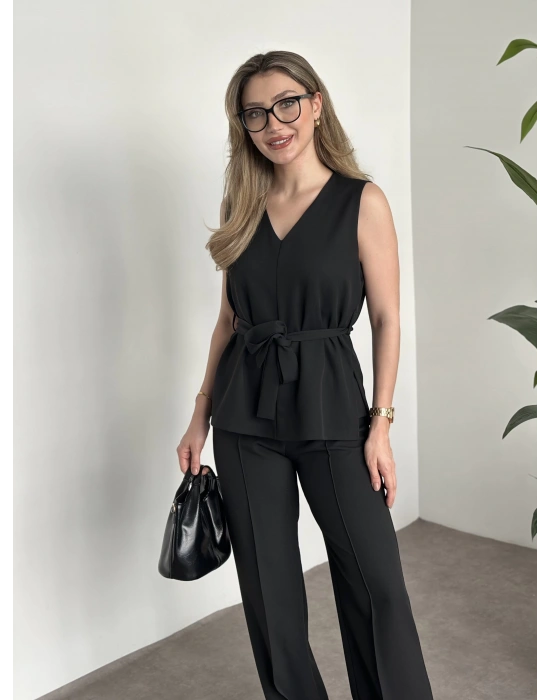 Belinden kuşaklı v yaka dabıl takım siyah