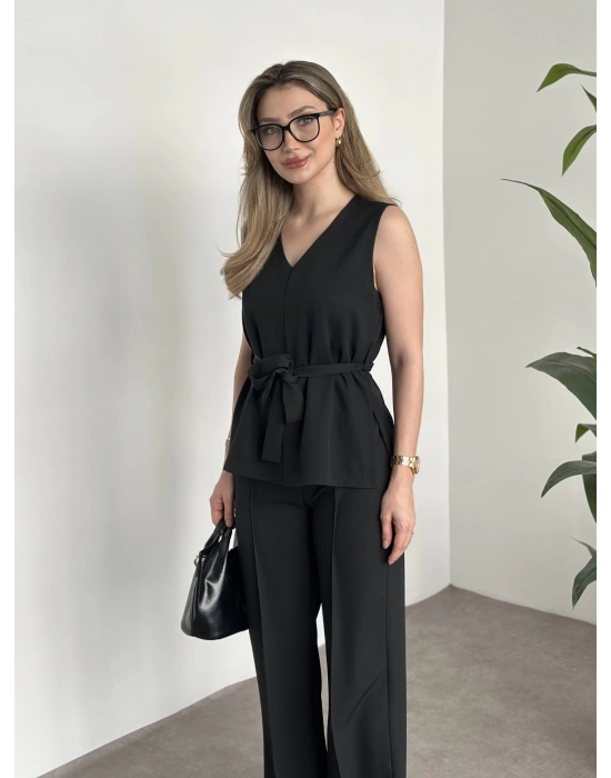 Belinden kuşaklı v yaka dabıl takım siyah